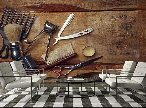 GIVLWF Vintage Barbershop-Werkzeuge Fotomural, Friseursalon-Thema Wandtapete, 400 x 280 cm Wandbild Dekoration - für Wohnzimmer Schlafzimmer, Büro, Küche die Mauer von GIVLWF