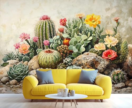 GIVLWF Wüstentapete, Schlafzimmertapete, Kaktus-Tapete für Wohnzimmer, nicht selbstklebend, Vintage, botanische Wandbild, große Wohnkultur, 150 x 105 cm von GIVLWF
