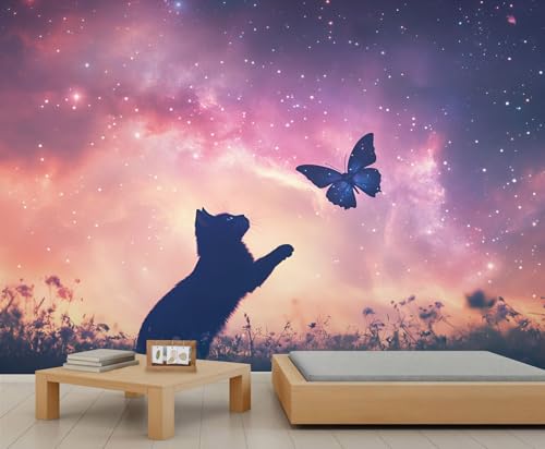 Galaxie-Katzen-Tapete – Tapete zum Abziehen und Aufkleben für Wohnzimmer, Anime-Kinderzimmer, selbstklebendes großes Wandbild – Schmetterlinge und Katzen, Heimdekoration von GIVLWF