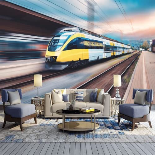 Gelber Hochgeschwindigkeitszug Tapeten, Moderner Intercity-Personenzug Fotoposter, Wandbild Dekoration - für Büro Arbeitszimmer Häuser Wanddeko die Mauer 250 x 175 cm von GIVLWF