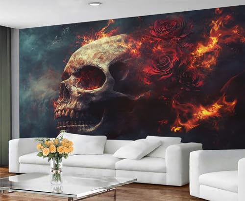 Gotische Tapete und Wandbild, flammender Totenkopf, zum Abziehen und Aufkleben, Schlafzimmertapete, dunkelschwarz, großes Wandbild und Heimdekoration, selbstklebend Gotische Tapete und Wandbild, flammender Totenkopf, zum Abziehen und Aufkleben, Schlafzimmertapete, dunkelschwarz, großes Wandbild und Heimdekoration, selbstklebend von GIVLWF
