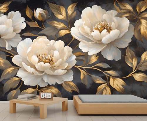 Luxuriöse Blumen-Tapete – Abziehen und Aufkleben Tapete für Wohnzimmer, Vintage-Goldblätter, Schlafzimmer, selbstklebendes großes Wandbild, europäische Blumendekoration von GIVLWF