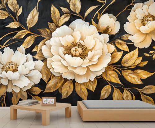 Luxuriöse Blumentapete – Abziehen und Aufkleben Tapete für Wohnzimmer, goldene Blätter, Schlafzimmer, selbstklebendes großes Wandbild – europäischer Retro-Stil, Heimdekoration von GIVLWF