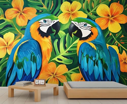 Papageien-Tapete – Tapete zum Abziehen und Aufkleben für Wohnzimmer, Aquarell, Papagei, Schlafzimmer, selbstklebendes großes Wandbild – tropische Blumen und Vögel, Heimdekoration von GIVLWF