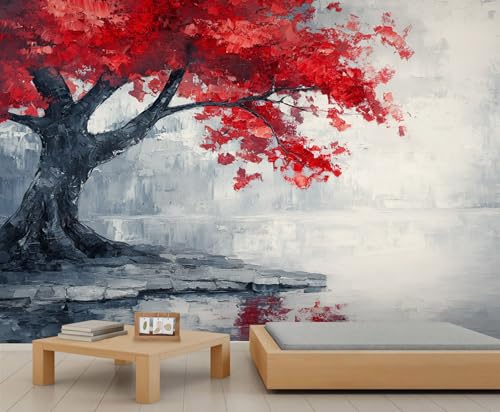 Retro-Baum-Tapete – Abziehen und Aufkleben Tapete für Wohnzimmer, rote Blätter, Schlafzimmer, selbstklebendes großes Wandbild – abstrakte botanische Heimdekoration von GIVLWF