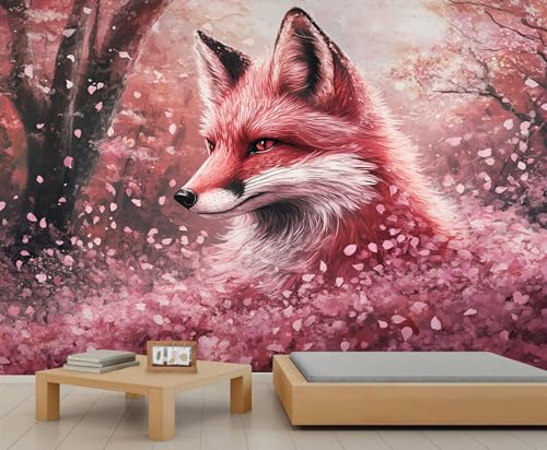 Rosa Mädchen-Tapete – Tapete zum Abziehen und Aufkleben für Wohnzimmer, Waldfuchs, Schlafzimmer, selbstklebendes großes Wandbild – niedliche Tiere, Heimdekoration von GIVLWF