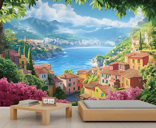Seaside Town Tapete – Tapete zum Abziehen und Aufkleben für Wohnzimmer, Frühlingsblumen, Schlafzimmer, selbstklebendes großes Wandbild – europäischer Landhausstil Heimdekoration von GIVLWF