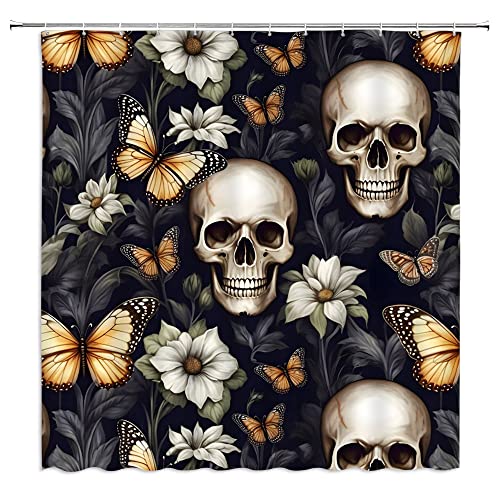 GIXKOXE Totenkopf Blume Duschvorhang Gothic Skelett Blumen Schmetterling Vintage Pflanze Halloween Schwarz Badezimmer Dekor Vorhang Polyester mit Haken von GIXKOXE