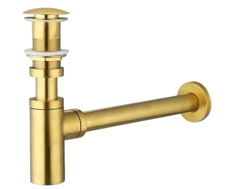 30 cm langes Messingrohr for Badezimmerwaschbecken, P-Falle aus gebürstetem Gold mit ungeschlitztem Pop-Up-Abfluss und Schlitzsieb(Without hole) von GIYXHU