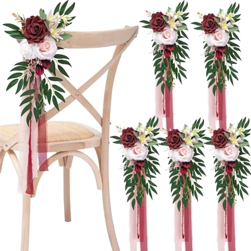 6 Pcs Hochzeit Stuhl Dekorationen Elegante Zurück Blume for Party Künstliche Blumen for Dekor(Red) von GIYXHU