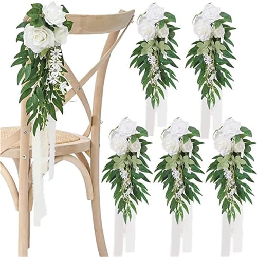 6 Pcs Hochzeit Stuhl Dekorationen Elegante Zurück Blume for Party Künstliche Blumen for Dekor(White) von GIYXHU
