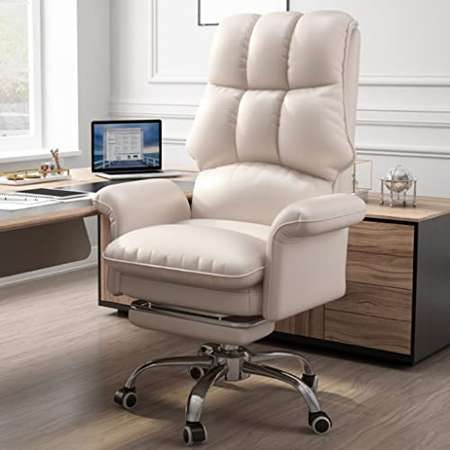 GIZNXBA Bürostuhl Ergonomisch Leder, Schreibtischstuhl Chefsessel Mit Rädern, Computerstuhl Einstellbarer Ergonomisch Schreibtisch Drehsessel Für Erwachsene (Color : Beige, Size : with Foot Rest) von GIZNXBA