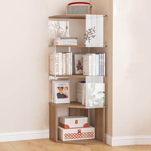 GIZNXBA Ecke Bücherregal Hohes Bücherregal Bücher Regal Buche Büroregal Bodenstehendes Offenes Holz Bücherregal Organizer Pflanzenständer Für Heimbüro, Schlafzimmer Aufbewahrung(/Walnut,4 Tier) von GIZNXBA