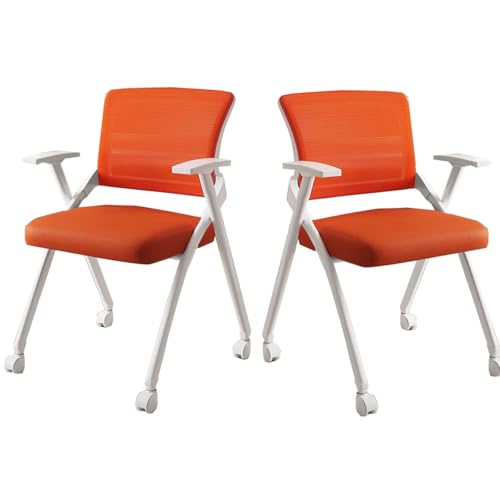 GIZNXBA Klappbare Studentenstühle Mit Rollen Klappbarer Bürostuhl Mit Integriertem Schreibtisch Ergonomischer Stuhl Mit Armlehnen Bürostühle Mit Lendenwirbelstütze, Stapelbar(Orange A,2pcs) von GIZNXBA