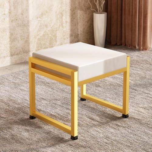 GIZNXBA Kleine Leder Sitzhocker Schwarz 14'' Kleiner Fußhocker Gepolstert Mit Metallbeinen, Polsterhocker Ottomane Bank Mit Gepolstertem Sitz, Kleine Quadratische Für Schlafzimmer(/White,Gold Frame) von GIZNXBA