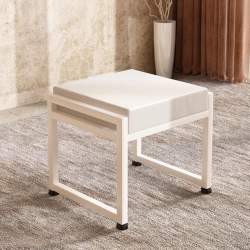 GIZNXBA Kleine Leder Sitzhocker Schwarz 14'' Kleiner Fußhocker Gepolstert Mit Metallbeinen, Polsterhocker Ottomane Bank Mit Gepolstertem Sitz, Kleine Quadratische Für Schlafzimmer(/White,White Frame) von GIZNXBA