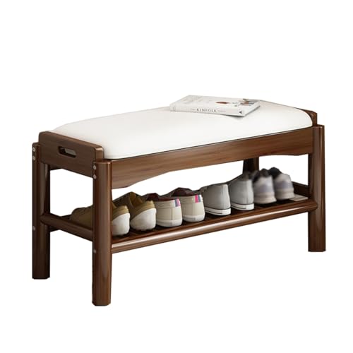 GIZNXBA Lederschuhbank Mit Holzrahmen Moderne Fußstütze Ottoman Für Den Eingangsbereich 2-stöckiger Schuhregal-Organizer Mit Ablage Für Wohnzimmer, Schlafzimmer-Sitzbank(Bruin,60cm) von GIZNXBA