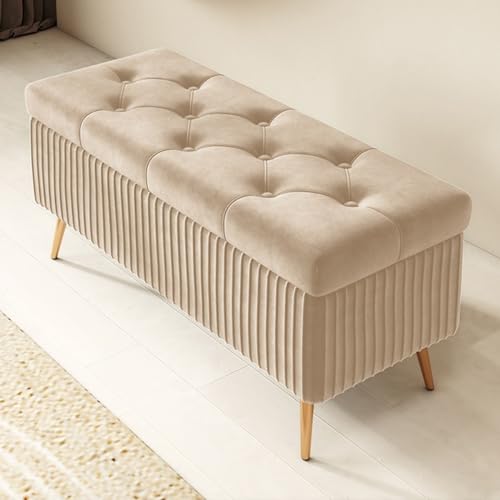 GIZNXBA Sitzhocker Mit Stauraum Moderne Ottomane Aus Samt Mit Stauraum Am Fußende des Bettes Pouf Hocker Polsterhocker Knopfverzierte Fußstütze Für Wohnzimmer, Schlafzimmer(/Beige,40cm) von GIZNXBA