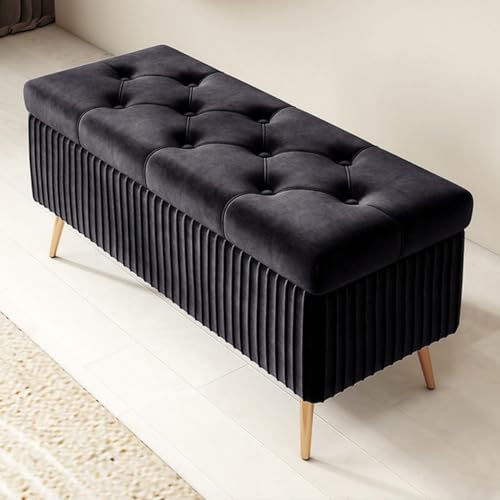 GIZNXBA Sitzhocker Mit Stauraum Moderne Ottomane Aus Samt Mit Stauraum Am Fußende des Bettes Pouf Hocker Polsterhocker Knopfverzierte Fußstütze Für Wohnzimmer, Schlafzimmer(/Black,80cm) von GIZNXBA