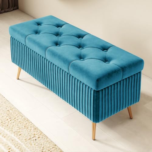 GIZNXBA Sitzhocker Mit Stauraum Moderne Ottomane Aus Samt Mit Stauraum Am Fußende des Bettes Pouf Hocker Polsterhocker Knopfverzierte Fußstütze Für Wohnzimmer, Schlafzimmer(/Blue,40cm) von GIZNXBA