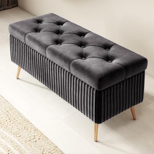 GIZNXBA Sitzhocker Mit Stauraum Moderne Ottomane Aus Samt Mit Stauraum Am Fußende des Bettes Pouf Hocker Polsterhocker Knopfverzierte Fußstütze Für Wohnzimmer, Schlafzimmer(/Dark Gray,80cm) von GIZNXBA
