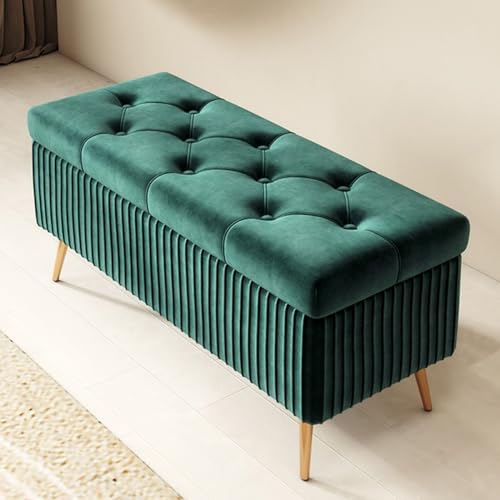 GIZNXBA Sitzhocker Mit Stauraum Moderne Ottomane Aus Samt Mit Stauraum Am Fußende des Bettes Pouf Hocker Polsterhocker Knopfverzierte Fußstütze Für Wohnzimmer, Schlafzimmer(/Green A,80cm) von GIZNXBA