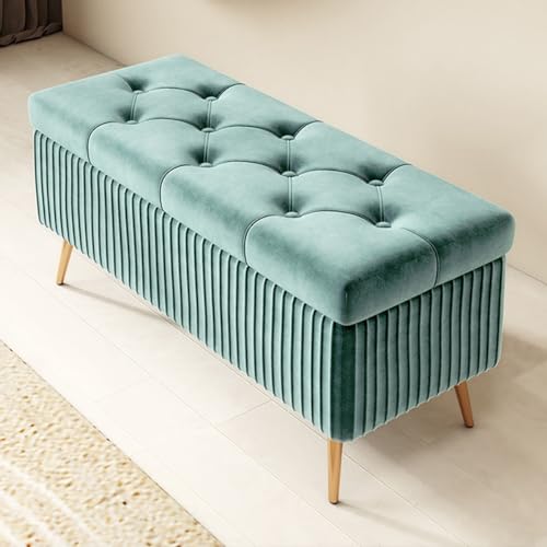 GIZNXBA Sitzhocker Mit Stauraum Moderne Ottomane Aus Samt Mit Stauraum Am Fußende des Bettes Pouf Hocker Polsterhocker Knopfverzierte Fußstütze Für Wohnzimmer, Schlafzimmer(/Green B,80cm) von GIZNXBA