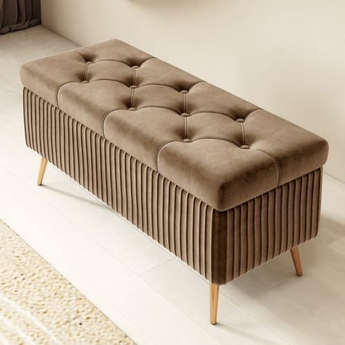 GIZNXBA Sitzhocker Mit Stauraum Moderne Ottomane Aus Samt Mit Stauraum Am Fußende des Bettes Pouf Hocker Polsterhocker Knopfverzierte Fußstütze Für Wohnzimmer, Schlafzimmer(/Light Brown,60cm) von GIZNXBA
