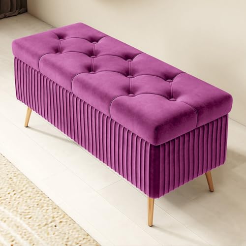GIZNXBA Sitzhocker Mit Stauraum Moderne Ottomane Aus Samt Mit Stauraum Am Fußende des Bettes Pouf Hocker Polsterhocker Knopfverzierte Fußstütze Für Wohnzimmer, Schlafzimmer(/Purple,60cm) von GIZNXBA