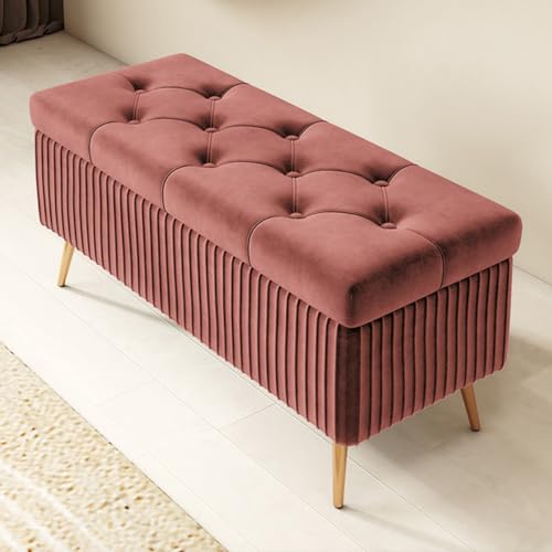 GIZNXBA Sitzhocker Mit Stauraum Moderne Ottomane Aus Samt Mit Stauraum Am Fußende des Bettes Pouf Hocker Polsterhocker Knopfverzierte Fußstütze Für Wohnzimmer, Schlafzimmer(/Red B,80cm) von GIZNXBA