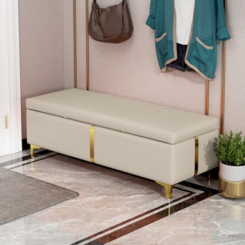 GIZNXBA Sitzhocker Mit Stauraum Rechteckige Aufbewahrungsbank Ledergepolsterte Eingangsbank Mit Metallbeinen Moderner Fußhocker Pouf Hocker Für Wohnzimmer, Schlafzimmer, Bettende(Beige,60cm) von GIZNXBA