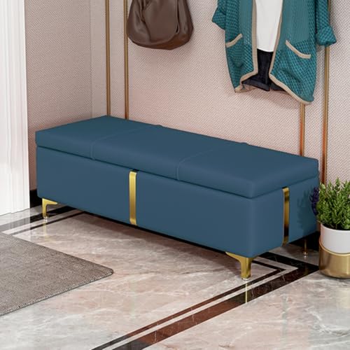 GIZNXBA Sitzhocker Mit Stauraum Rechteckige Aufbewahrungsbank Ledergepolsterte Eingangsbank Mit Metallbeinen Moderner Fußhocker Pouf Hocker Für Wohnzimmer, Schlafzimmer, Bettende(Blauw,80cm) von GIZNXBA