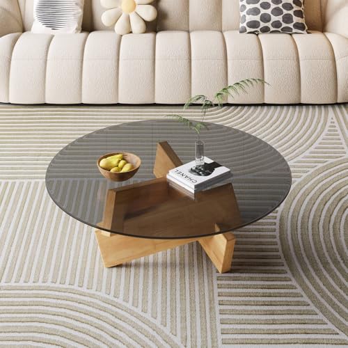 GJ Moderner runder Couchtisch aus klarem Glas, Wohnzimmertisch mit Massivholzsockel for das Sofa im Home-Office-Apartment, einfache Montage(B,80x31cm) von GJ
