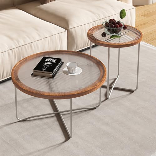 GJ Modernes Satztisch-Set mit 2 runden Couchtischen aus Glas, Akzent-Teetisch mit Metallrahmen for das Sofa im Home-Office-Apartment(D) von GJ