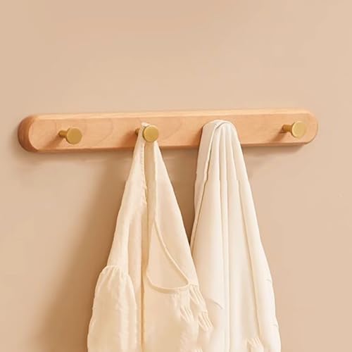 GJ Rustikale Wandgarderobe, Hutablage aus Holz for den Eingangsbereich, mit 4 metallisch-goldenen Haken for Aufhängen von Mänteln, Schals, Hüten, Jacken, Taschen, Handtüchern und Schlüsseln(B,40CM) von GJ