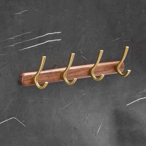 GJ Wandgarderobe aus Holz, rostfreie Garderobe for den Eingangsbereich mit 4 Haken, goldene Kleiderhaken aus Aluminium for Aufhängen von Mänteln, Hüten, Taschen und Hüten(40cm) von GJ