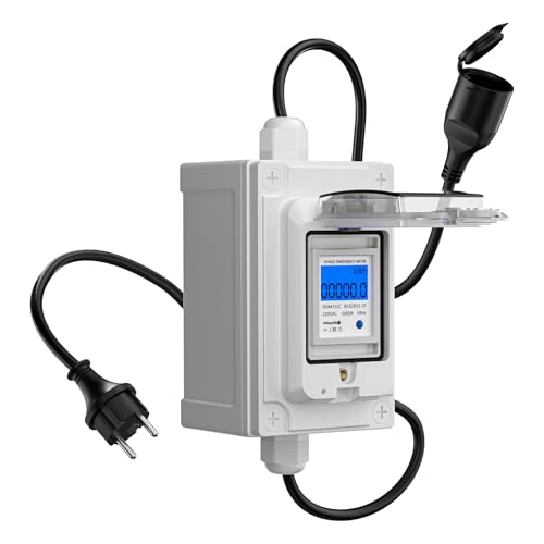 GJCrafts Mobiler Digitaler Stromzähler 230V, 60A Mobilzähler CEE Aussen KWH Zähler mit IP67 Wasserdicht, Industriestecker LED Stromzähler mit Reset, Gummischlauchkabel Tragbar (Eurostecker) von GJCrafts