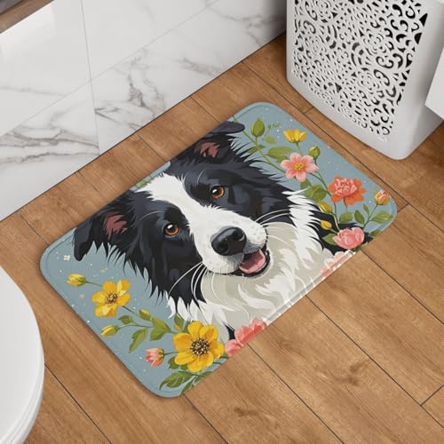 Border Collie Fußmatte mit Blumenmotiv, rutschfest, saugfähig, Badteppich, weich, waschbar, Bodenmatte, moderner Teppich für stilvolle Küche, Schlafzimmer, Badezimmer, Dekoration, 40,6 x 61 cm Border Collie Fußmatte mit Blumenmotiv, rutschfest, saugfähig, Badteppich, weich, waschbar, Bodenmatte, moderner Teppich für stilvolle Küche, Schlafzimmer, Badezimmer, Dekoration, 40,6 x 61 cm von GJHKSSVB