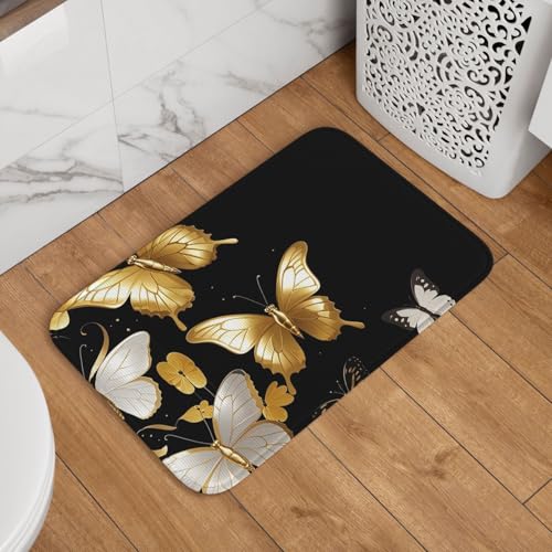 Fußmatte mit goldfarbenen weißen Schmetterlingen und schwarzen Motiven, rutschfest, saugfähig, Badteppich, weich, waschbar, Bodenmatte, moderner Teppich für stilvolle Küche, Schlafzimmer, Badezimmer Fußmatte mit goldfarbenen weißen Schmetterlingen und schwarzen Motiven, rutschfest, saugfähig, Badteppich, weich, waschbar, Bodenmatte, moderner Teppich für stilvolle Küche, Schlafzimmer, Badezimmer von GJHKSSVB