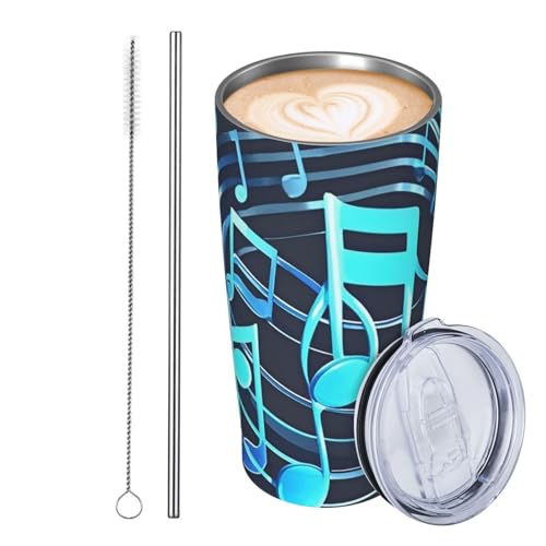 GJHKSSVB Blauer Trinkbecher mit Musiknoten, Edelstahl, isoliert, auslaufsicher, Reise-Kaffeetasse mit Deckel und Strohhalm, Trinkbecher, Geschenke für Frauen, Männer, Liebhaber von GJHKSSVB