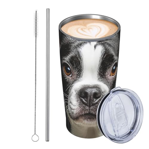 GJHKSSVB Boston Terrier Trinkbecher, Edelstahl, isoliert, auslaufsicher, Reise-Kaffeetasse mit Deckel und Strohhalm, Trinkbecher, Geschenke für Frauen, Männer, Liebhaber, 590 ml von GJHKSSVB