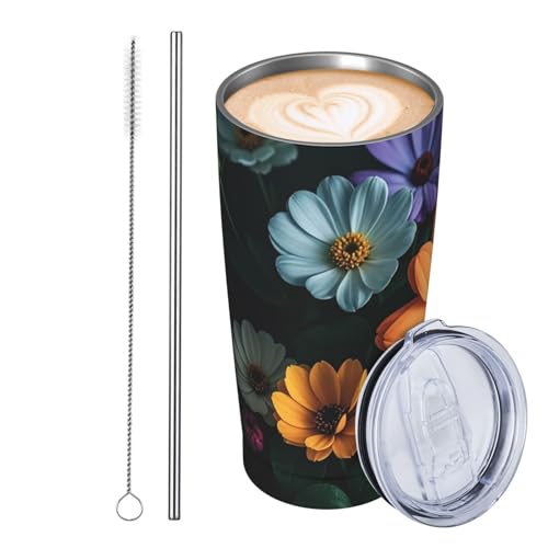 GJHKSSVB Bright Flowers Trinkbecher, Edelstahl, isoliert, auslaufsicher, Reise-Kaffeetasse mit Deckel und Strohhalm, Trinkbecher, Geschenke für Frauen, Männer, Liebhaber, 590 ml von GJHKSSVB