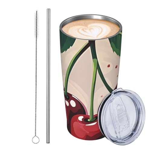GJHKSSVB Cherry Fruit Trinkbecher, Edelstahl, isoliert, auslaufsicher, Reise-Kaffeetasse mit Deckel und Strohhalm, Trinkbecher, Geschenke für Frauen, Männer, Liebhaber, 590 ml von GJHKSSVB