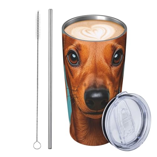 GJHKSSVB Dackel-Hundebecher, Edelstahl, isoliert, auslaufsicher, Reise-Kaffeetasse mit Deckel und Strohhalm, Trinkbecher, Geschenke für Frauen, Männer, Liebhaber, 590 ml von GJHKSSVB