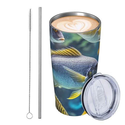 GJHKSSVB Fish Trinkbecher, Edelstahl, isoliert, auslaufsicher, Reise-Kaffeetasse mit Deckel und Strohhalm, Wasserflasche, Trinkbecher, Geschenke für Frauen, Männer, Liebhaber, 590 ml von GJHKSSVB