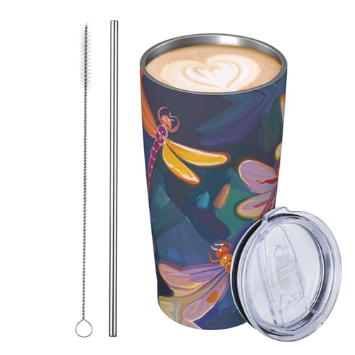 GJHKSSVB Handbemalter Becher mit Libellen-Motiv, Edelstahl, isoliert, auslaufsicher, Reise-Kaffeetasse mit Deckel und Strohhalm, Wasserflasche, Trinkbecher, Geschenke für Frauen, Männer, Liebhaber von GJHKSSVB