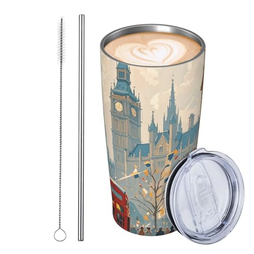 GJHKSSVB London Impression Trinkbecher, Edelstahl, isoliert, auslaufsicher, Reise-Kaffeetasse mit Deckel und Strohhalm, Trinkbecher, Geschenke für Frauen, Männer, Liebhaber, 590 ml von GJHKSSVB