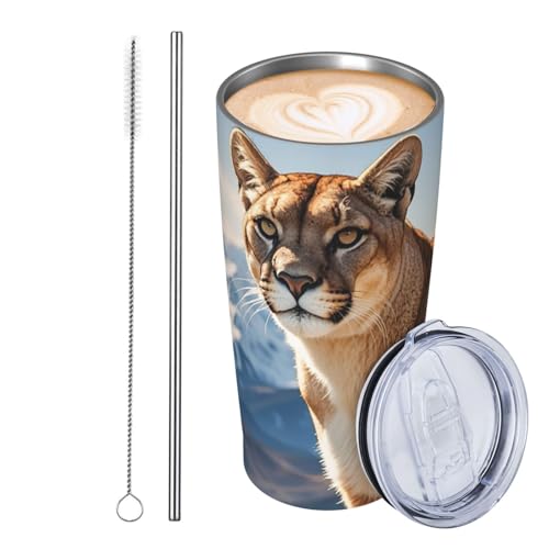 GJHKSSVB Panther & Mountain Lion Trinkbecher, Edelstahl, isoliert, auslaufsicher, Reise-Kaffeetasse mit Deckel und Strohhalm, Trinkbecher, Geschenk für Frauen, Männer, Liebhaber, 590 ml von GJHKSSVB