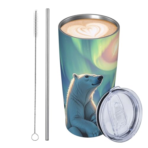 GJHKSSVB Polar Bears & Northern Lights Trinkbecher, Edelstahl, isoliert, auslaufsicher, Reise-Kaffeetasse mit Deckel und Strohhalm, Trinkbecher, Geschenk für Frauen, Männer, Liebhaber, 590 ml von GJHKSSVB