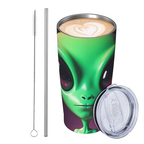 GJHKSSVB Süßer grüner Alien-Becher, Edelstahl, isoliert, auslaufsicher, Reise-Kaffeetasse mit Deckel und Strohhalm, Wasserflasche, Trinkbecher, Geschenke für Frauen, Männer, Liebhaber, 590 ml von GJHKSSVB